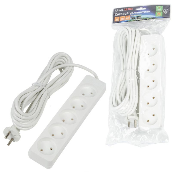 Удлинитель 5х5м без заземл. 10А Ultra S-CU5-5 WHITE бел. Uniel UL-00009991