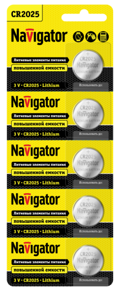 Элемент питания литиевый CR2025 94 764 NBT-CR2025-BP5 (блист.5шт) Navigator 94764