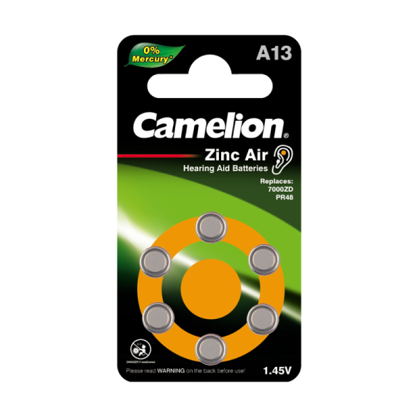 Элемент питания ZA13 Mercury Free A13-BP6 (0%Hg) 1.4В 280мА.ч для слуховых аппаратов BL-6 (блист.6шт) Camelion 12824