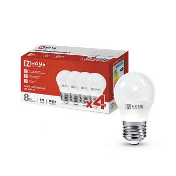 Лампа светодиодная LED-ШАР-VC 4PACK 8Вт 230В E27 4000К 760лм (уп.4шт) IN HOME 4690612047867