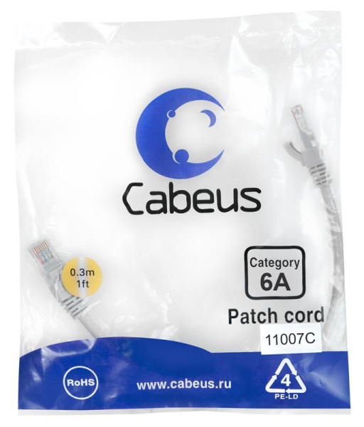Патч-корд S/FTP кат.6A PC-SSTP-RJ45-Cat.6a-0.3m-LSZH 2xRJ45/8p8c экранир. LSZH (10G) 0.3м сер. Cabeus 11007c