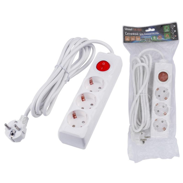 Удлинитель 3х3м с заземл. 16А Ultra S-GCU3-3B WHITE бел. Uniel UL-00010016