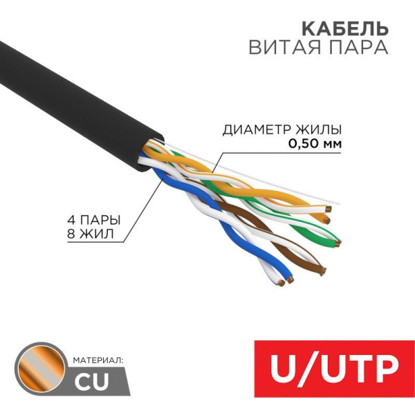 Кабель витая пара U/UTP кат.5E 4х2х24AWG CU LSZH нг(А)-HF OUTDOOR SOLID черн. (305м) Rexant 01-0065