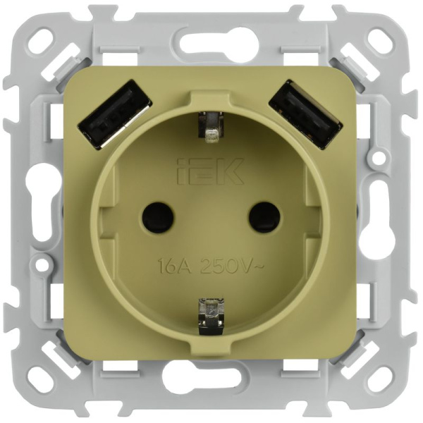 Розетка 1-м СП FLITE РСЮша11-1-ФлО 16А с USB A+A 3.1А с заземл. с защ. шторками безвинтовое крепление механизм олив. IEK FI-R14-16-1-U21-D31-K26