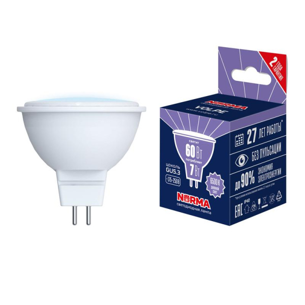 Лампа светодиодная Norma LED-JCDR-7W/6500K/GU5.3/NR 7Вт JCDR матовая 6500К GU5.3 Volpe UL-00011000