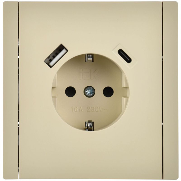 Розетка FORTE&PIANO FP447 16А USB A+C 18Вт с заземл. защ. шторки винт. крепл. ваниль IEK FP-R14-16-U22-018-K10