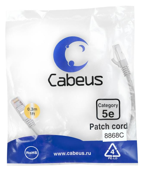 Патч-корд F/UTP кат.5E PC-FTP-RJ45-Cat.5e-0.3m-LSZH 2xRJ45/8p8c экранир. LSZH 0.3м сер. Cabeus 8868c