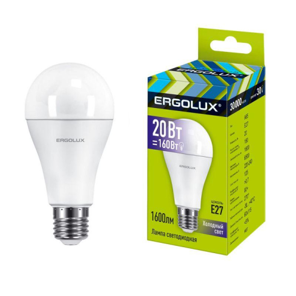Лампа светодиодная LED-A65-20W-E27-6K 20Вт грушевидная матовая 6500К холод. бел. E27 220-240В ЛОН Ergolux 13184