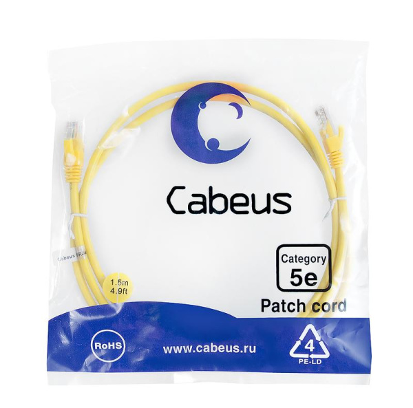 Патч-корд U/UTP кат.5E PC-UTP-RJ45-Cat.5e-1.5m-YL 2xRJ45/8p8c неэкранир. PVC 1.5м желт. Cabeus 7695c