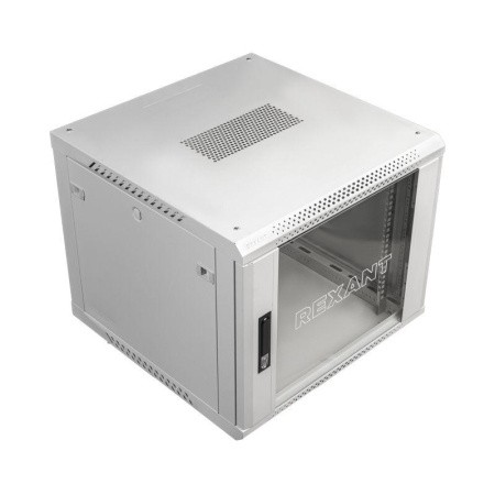 Шкаф телекоммуникационный настенный 19дюйм 12U 600х600х635 дверь стекло стенка задняя боковые съемные стенки разборный сер. RAL7035 Rexant 04-1266-111