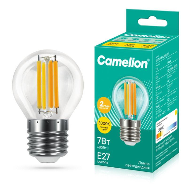 Лампа светодиодная филаментная LED7-G45-FL/830/E27 7Вт шар прозрачная 3000К тепл. бел. E27 220В Camelion 13457