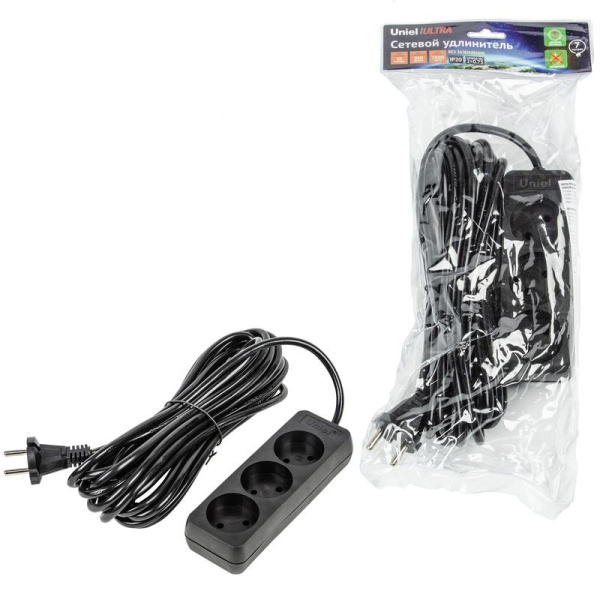 Удлинитель 3х7м без заземл. 10А Ultra S-CU3-7 BLACK черн. Uniel UL-00009987