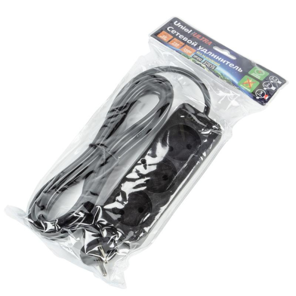 Удлинитель 3х3м без заземл. 10А Ultra S-CU3-3 BLACK черн. Uniel UL-00009983