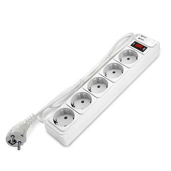 Удлинитель с сетевым фильтром 5х1.8м с заземл 10А 2.2кВт IP20 2хUSB ПВС 3х1 с выкл. бел. DOMTOK 2564
