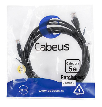 Патч-корд U/UTP кат.5E PC-UTP-RJ45-Cat.5e-3m-BK 2xRJ45/8p8c неэкранир. PVC 3м черн. Cabeus 7686c