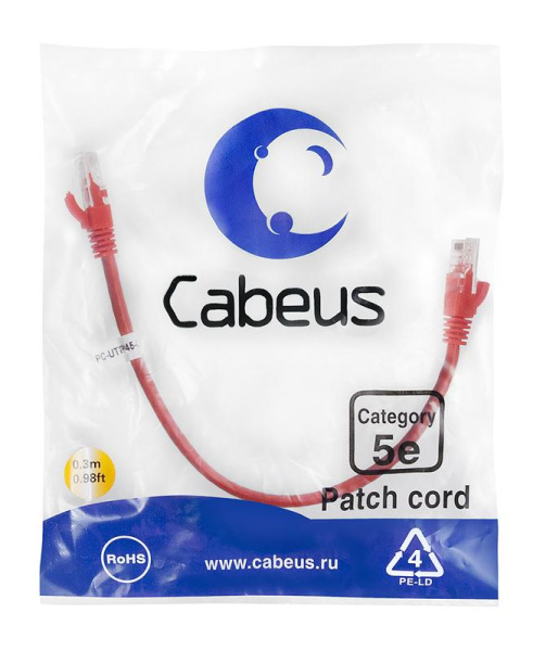 Патч-корд U/UTP кат.5E PC-UTP-RJ45-Cat.5e-0.3m-RD-LSZH 2xRJ45/8p8c неэкранир. LSZH 0.3м красн. Cabeus 9511c