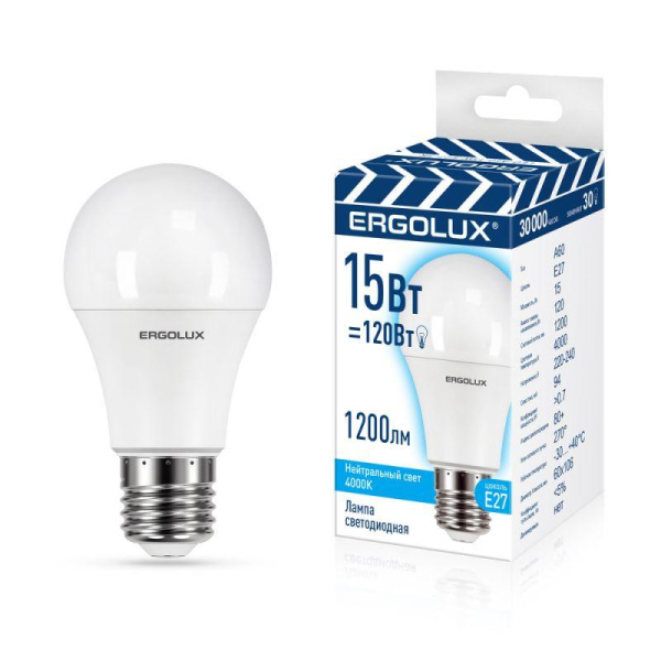 Лампа светодиодная LED-A60-15W-E27-4K 15Вт грушевидная матовая 4500К бел. E27 220-240В ЛОН ПРОМО Ergolux 13638
