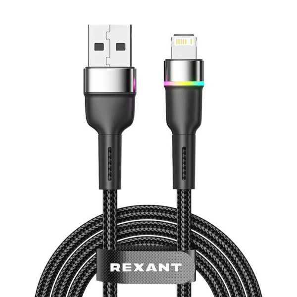 Кабель USB-A-Lightning для Apple 2.4А 1м черн. нейлон. оплетка LED подсветка Rexant 18-7059