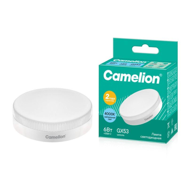 Лампа светодиодная LED6-GX53/845/GX53 6Вт таблетка матовая 4500К бел. GX53 220В Camelion 13543