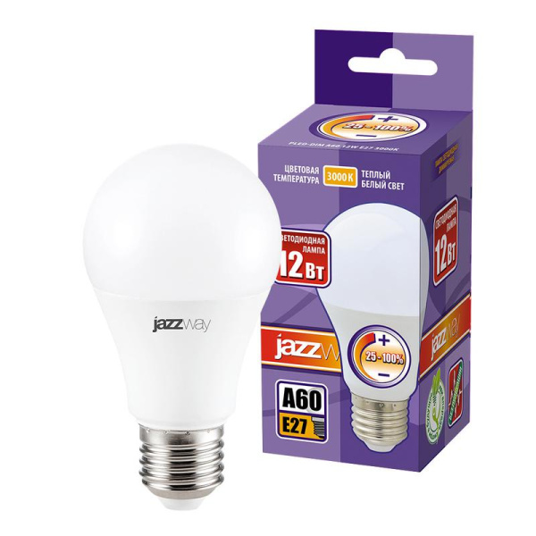 Лампа светодиодная PLED-DIM 12Вт A60 грушевидная 3000К тепл. бел. E27 1060лм 220-240В диммир. JazzWay 2855879