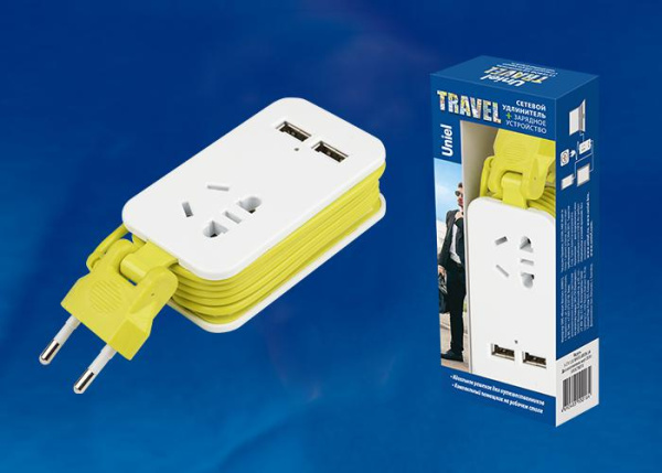 Удлинитель 1х1.5м без заземл. Travel S-CT1-1.5U WHITE/GREEN LM 2USBх11А бел./салат. Uniel UL-00003429