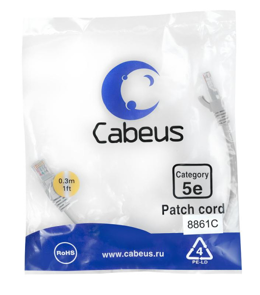 Патч-корд U/UTP кат.5E PC-UTP-RJ45-Cat.5e-0.3m-LSZH 2хRJ45/8p8c неэкранир. LSZH 0.3м сер. Cabeus 8861c