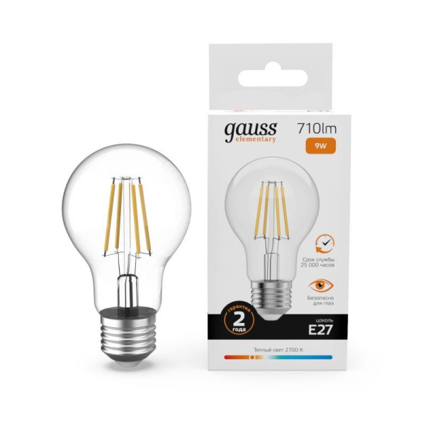 Лампа светодиодная филаментная Filament Elementary А60 9Вт 2700К Е27 710лм GAUSS 22219