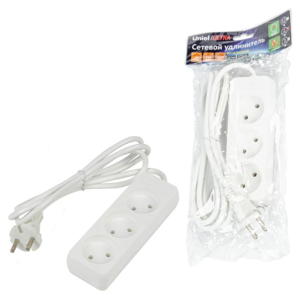 Удлинитель 3х2м без заземл. 10А Ultra S-CU3-2 WHITE бел. Uniel UL-00009981