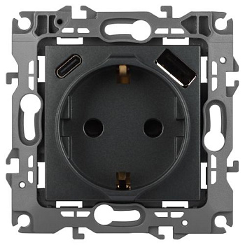 Розетка Эра12 12-4108-12 16А 250В 2P+E с USB type-A+C 5В-3А защ. шторки графит Эра Б0067700