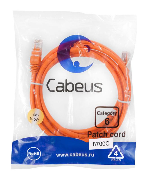 Патч-корд U/UTP кат.6 PC-UTP-RJ45-Cat.6-2m-OR 2xRJ45/8p8c неэкранир. PVC 2м оранж. Cabeus 8700c