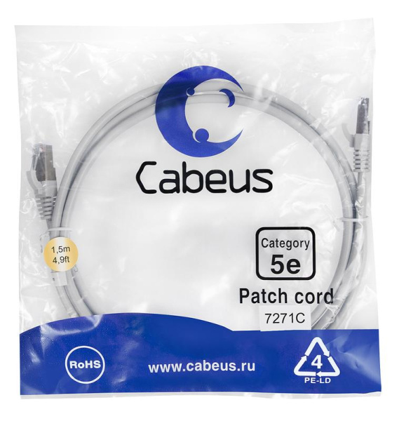 Патч-корд F/UTP кат.5E PC-FTP-RJ45-Cat.5e-1.5m 2xRJ45/8p8c экранир. PVC 1.5м сер. Cabeus 7271c