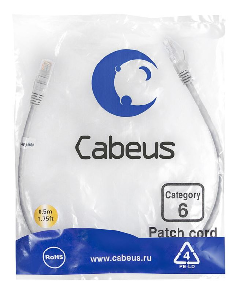 Патч-корд U/UTP кат.6 PC-UTP-RJ45-Cat.6-0.5m 2xRJ45/8p8c неэкранир. PVC 0.5м сер. Cabeus 7266c