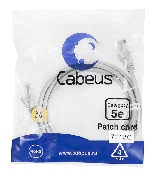 Патч-корд U/UTP PC-UTP-RJ45-Cat.5e-2m 2xRJ45/8p8c кат.5E неэкранир. PVC 2м сер. Cabeus 7213c