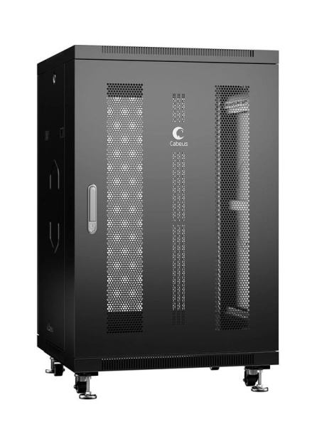 Шкаф монтажный телекоммуникационный напольн. ND-05C-18U60/80-BK 19дюйм 18U 600х800х988мм для распределит. и серверн. оборудования; передн. и задн. перфорир. двери ручка с замком RAL 9004 черн. Cabeus 8562c