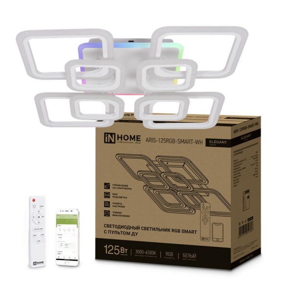 Светильник светодиодный ELEGANT ARIS-125RGB-SMART-WH 125Вт 3000-6500К 8800лм 230В 585х585х115мм ПУ бел. IN HOME 4690612051307
