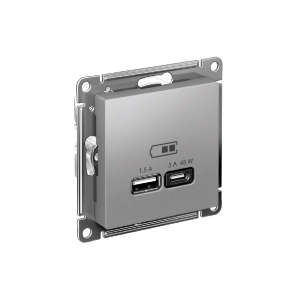Розетка USB AtlasDesign тип A+C 45Вт QC PD высокоскор. ЗУ механизм алюм. SE ATN000329