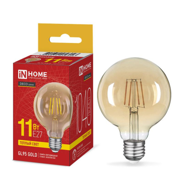 Лампа светодиодная филаментная LED-GL95-deco gold шар золотистая 11Вт 230В E27 3000К 1040лм IN HOME 4690612056043