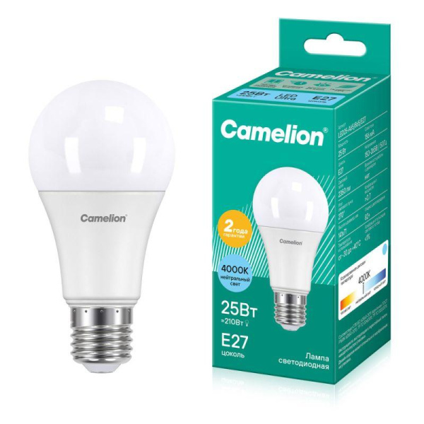 Лампа светодиодная LED25-A65/845/E27 25Вт грушевидная матовая 4500К бел. E27 220В Camelion 13572