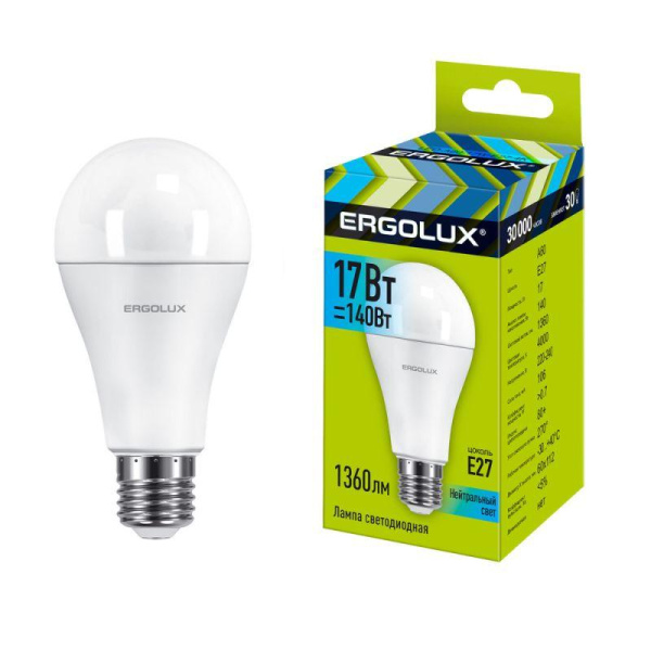 Лампа светодиодная LED-A60-17W-E27-4K 17Вт грушевидная матовая 4000К бел. E27 220-240В ЛОН Ergolux 13180