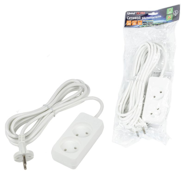 Удлинитель 2х5м без заземл. 10А Ultra S-CU2-5 WHITE бел. Uniel UL-00009978