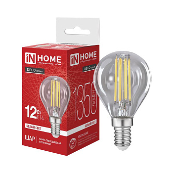 Лампа светодиодная LED-ШАР-deco 12Вт шар прозрачная 4000К E14 1350лм 230В IN HOME 4690612063348