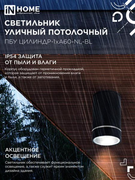 Светильник ПБУ ЦИЛИНДР-1хA60-NL-BL IP54 уличный потолочн. с подсветкой черн. IN HOME 4690612059143