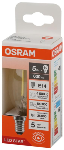 Лампа светодиодная филаментная LSCLB60 5W/840 230VFILCL 5Вт 4000К нейтр. бел. E14 600лм B угол пучка 300град. 220-240В (замена 60Вт) прозр. стекло OSRAM 4058075684782