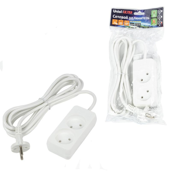 Удлинитель 2х3м без заземл. 10А Ultra S-CU2-3 WHITE бел. Uniel UL-00009977