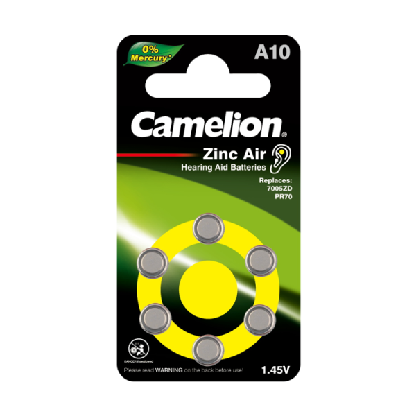 Элемент питания ZA10 Mercury Free A10-BP6 (0%Hg) 1.4В 90мА.ч для слуховых аппаратов BL-6 (блист.6шт) Camelion 12823