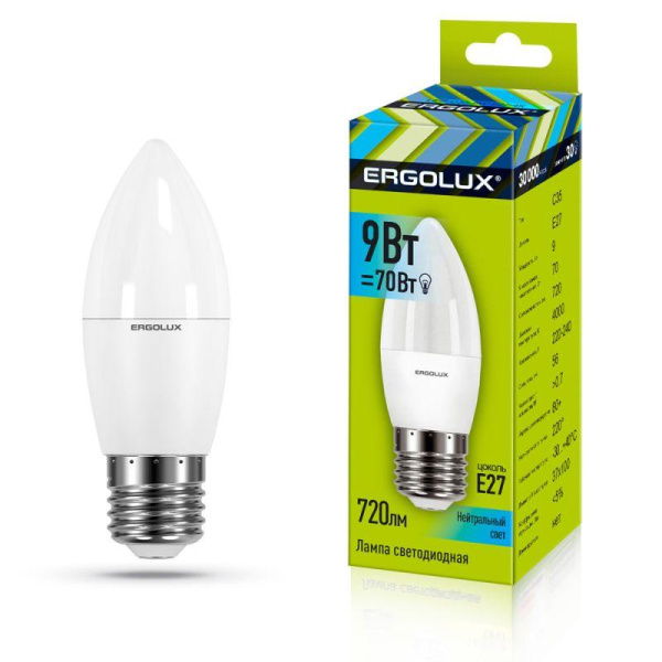 Лампа светодиодная LED-C35-9W-E27-4К 9Вт свеча матовая 4000К бел. E27 220-240В Ergolux 13171