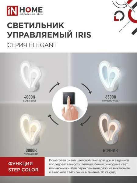 Светильник светодиодный ELEGANT IRIS 15Вт 3000-6500К 1200лм 230В STEP COLOR бел. IN HOME 4690612051413