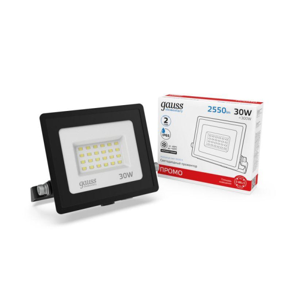 Прожектор светодиодный Elementary 30Вт IP65 6500К 2550лм PROMO G3 черн. GAUSS 613100330P