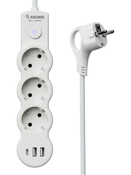 Удлинитель 3х5м с заземл. 10А IP20 USB 2800Вт 220В ПВС 3х1 с выкл. бел. КОСМОС YKsm5m3g-Z-VU10А-W