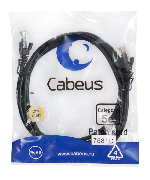 Патч-корд U/UTP кат.5E PC-UTP-RJ45-Cat.5e-2m-BK-LSZH 2xRJ45/8p8c неэкранир. LSZH 2м черн. Cabeus 9539c